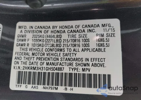 2016 Honda Cr-V Lx from USA, damaged, VIN 2HKRM3H31GH504887